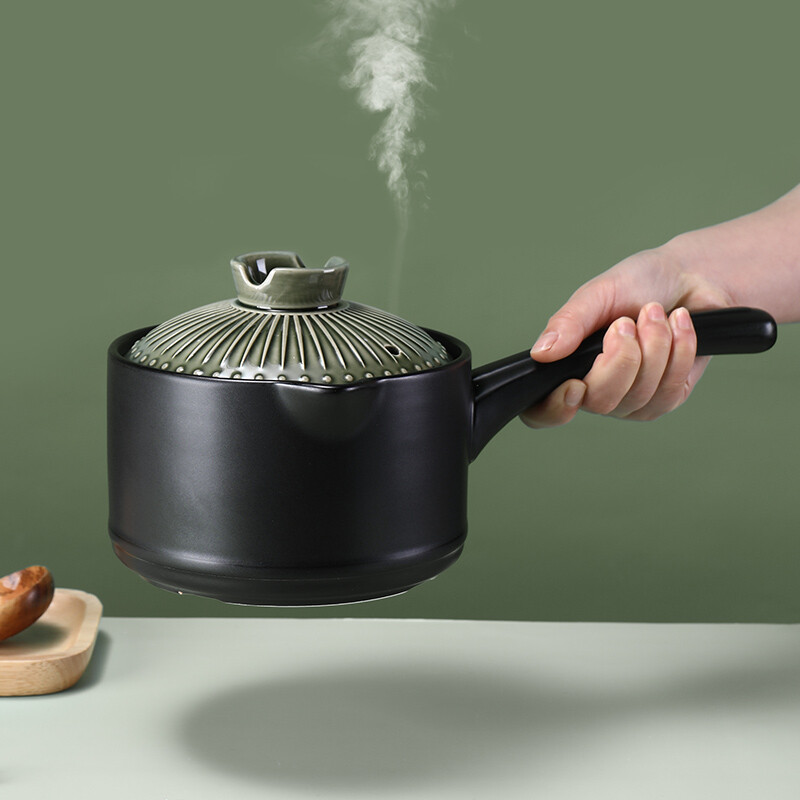 Pottery King single-handled casserole dry-fired non-cracking soup stew pot porridge small size 1-2 people long-handled ceramic milk pot with handle blue stripe single-handled milk pot 1.5L