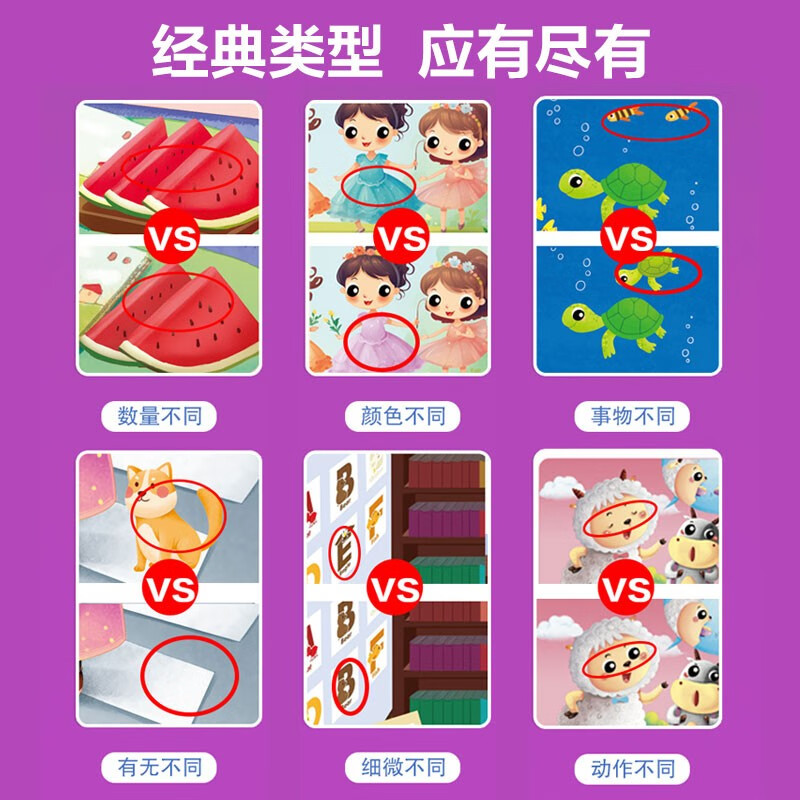 Concentration training to find differences for 4-5 years old, beginner level, left and right brain whole brain intelligence development, fun manual brain game cards to find differences, children's enlightenment educational early education toys, 64 pages of cards that can be erased and written repeatedly for training