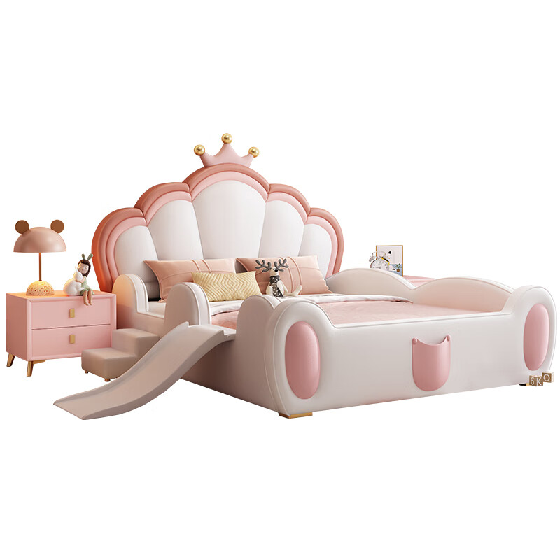 Children's bed girl princess bed with guardrail slide solid wood single dream girl creative pink girl crown bed children's bed color please note 1500mm*2000mm