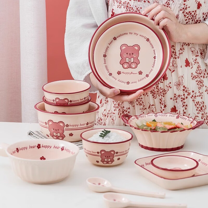 Persson cartoon high-looking bowl and plate set household ceramic dishes and tableware cute one person rice bowl plate couple bowls and chopsticks 2 people food 8 pieces