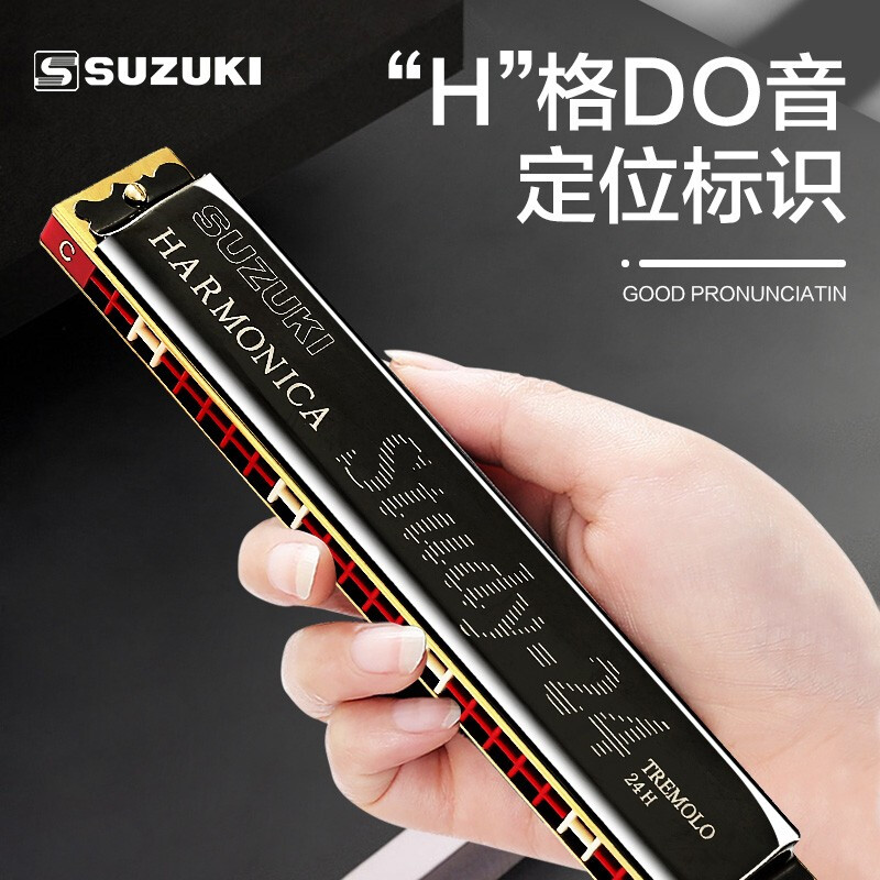 SUZUKI Japanese Suzuki Study 24-hole polyphonic harmonica professional playing beginner male, female, adult, student and child black polyphonic + beginner gift pack C key common key - recommended for beginners