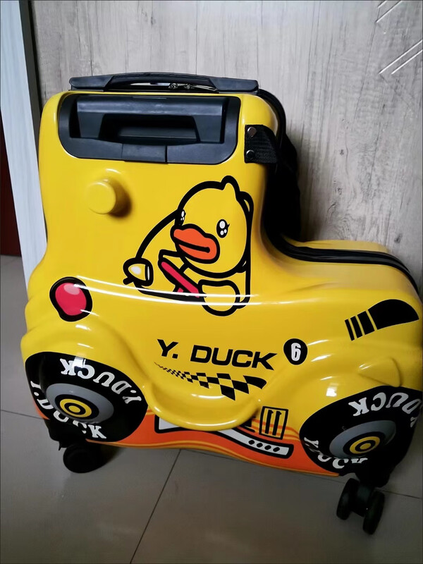 BARNOROO suitcase children's sit and ride cartoon trolley case little yellow duck cute car creative children's trolley case 24-inch car riding case zipper