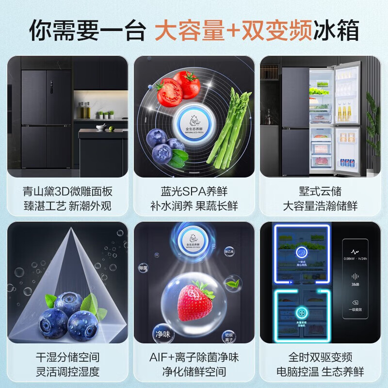 Rongsheng refrigerator 620 liters four-door cross-door large capacity household first-class energy efficiency ultra-thin variable frequency air-cooled frost-free sterilization and deodorization full ecological freshness national subsidy water blue light series BCD-620WD19FP