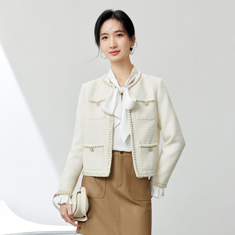 Shandu Bila Spring and Autumn Classic Round Neck Small Fragrance Jacket Women's Commuting and Age-Reducing Versatile Women's Tops Beige M