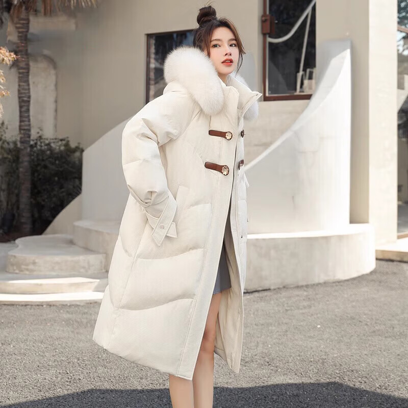 Yalu Fox Fur Collar Thickened Down Jacket Women's Long Over Knee 2025 Winter New Women's Fashion Loose Hooded Jacket White L 165