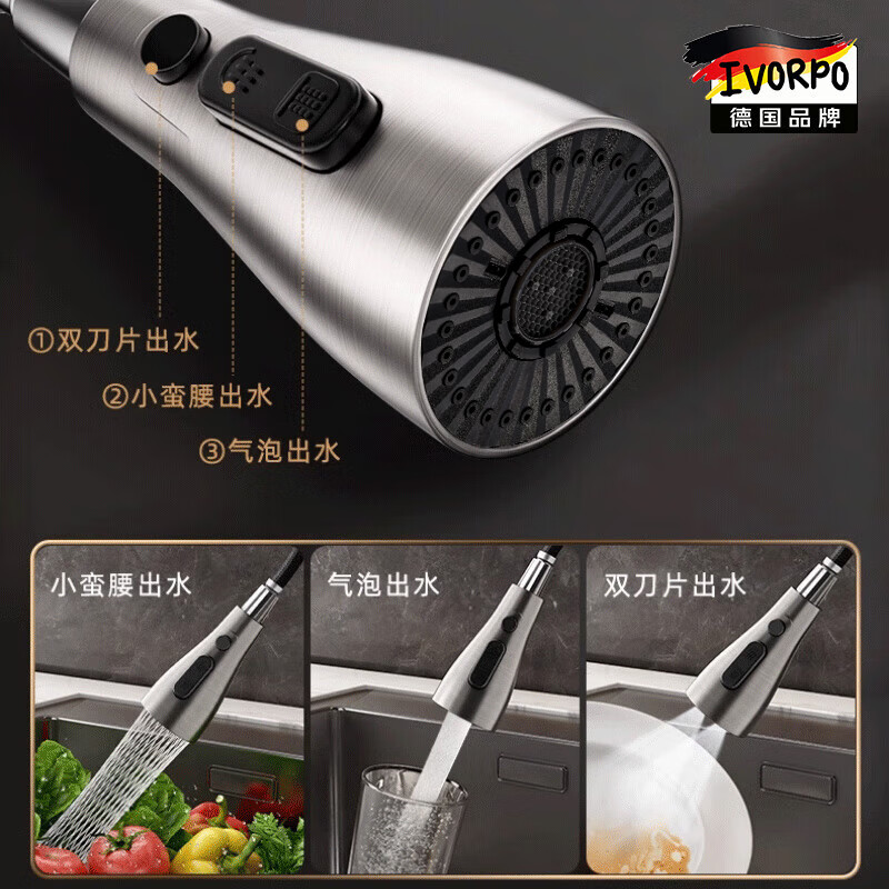 IVORPO Germany thickened all-copper hot and cold kitchen faucet telescopic pull-out dual-temperature sink faucet hot and cold dual-speed + 80cm explosion-proof pipe water-coated gray three-speed adjustment丨explosion-proof and splash-proof丨hot and cold dual control