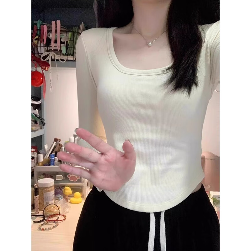 Hanghe velvet thickened square collar long-sleeved bottoming shirt for women to wear autumn and winter new German velvet warm hot girl short top T-shirt milky apricot color velvet thickened silver fox velvet style 330K M recommended 90-100 pounds