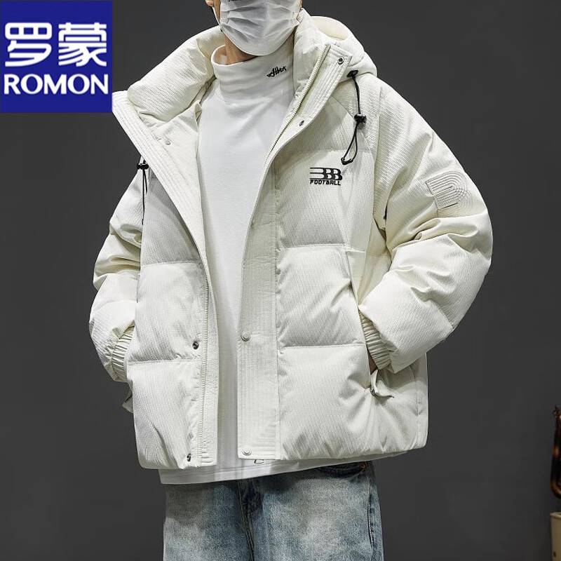 ROMON down jacket men's autumn and winter new white duck down hooded thickened warm jacket young and middle-aged trendy brand bread jacket men black XL