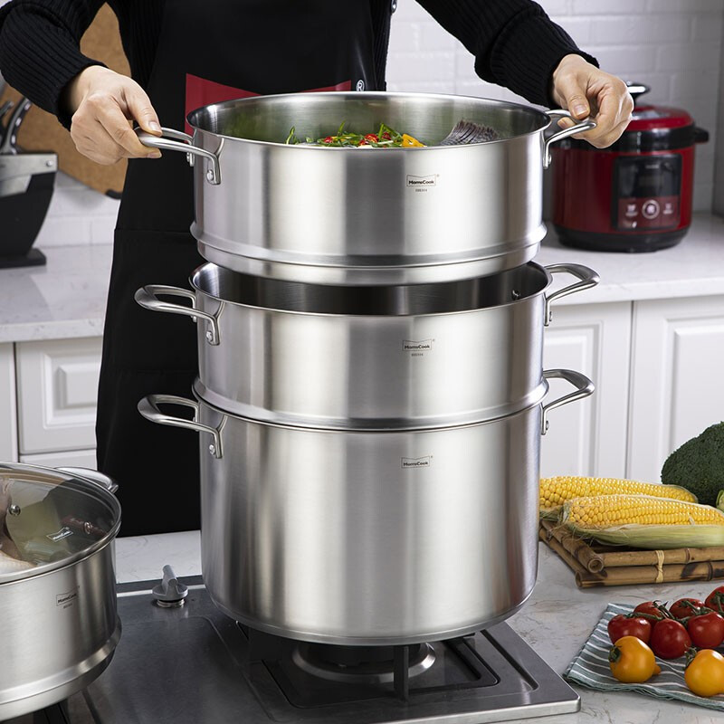 Momscook stainless steel steamer 34cm large steamer single layer double layer steamer 304 induction cooker gas universal (TL3421ST2) double layer steamer - 34cm