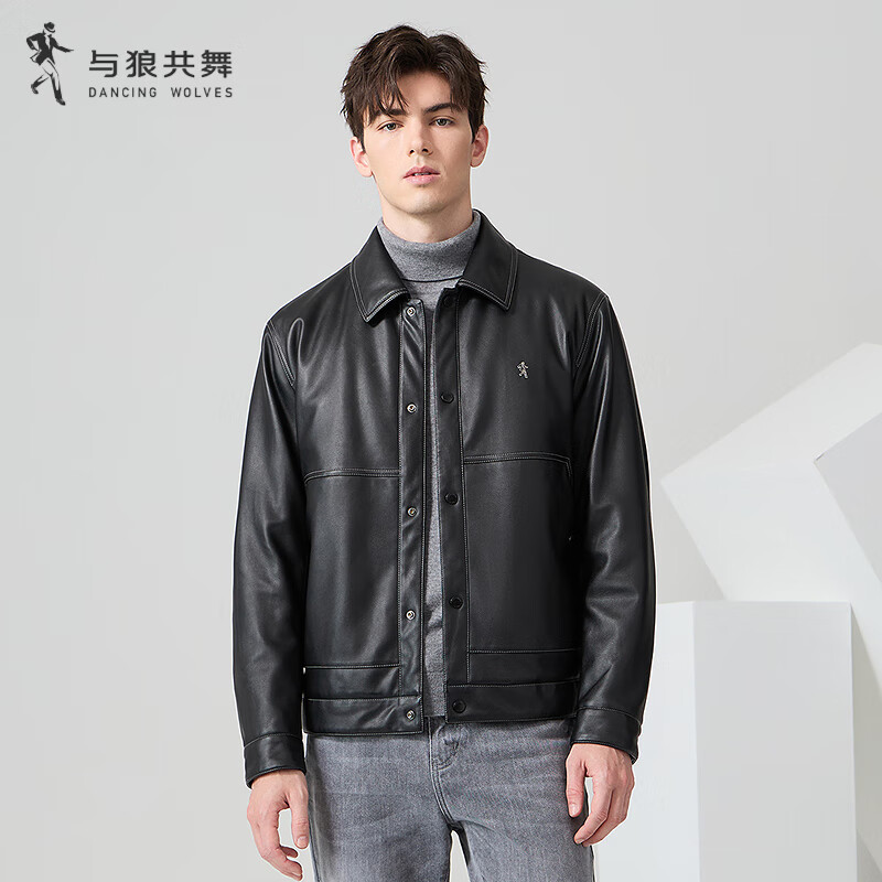 Dances with Wolves Goose Down Leather Jacket Topstitched Warm Down Jacket Workwear Men's Jacket Black 2XL(185)