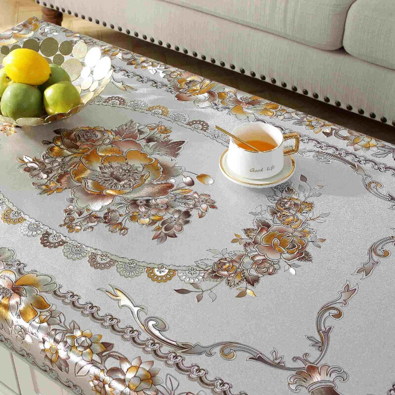 Cypress woven cover opaque coffee table tablecloth waterproof and oil-proof no-wash anti-scalding table mat plastic coffee table mat home living room coffee table cloth Flower Love Silver 90*150 cm (universal for coffee tables and dining tables)