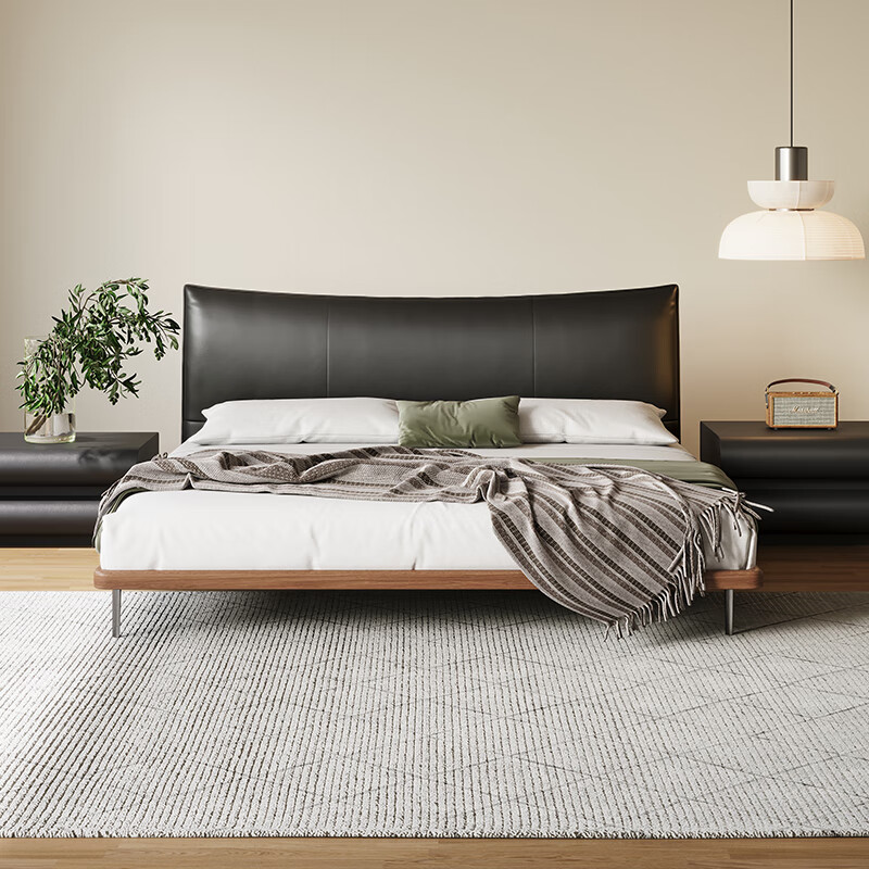 Yiluo Italian style minimalist black leather bed mid-century style master bedroom light luxury modern simple thin bedside bed Luna semi-green leather + beech wood rib frame 1800mm*2000mm bracket structure