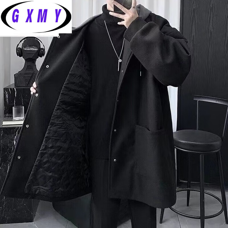 Gxmy mid-length jacket men's casual suit autumn and winter handsome clothes for teenagers men's three-piece suit black jacket single jacket XL recommended 125-140 pounds