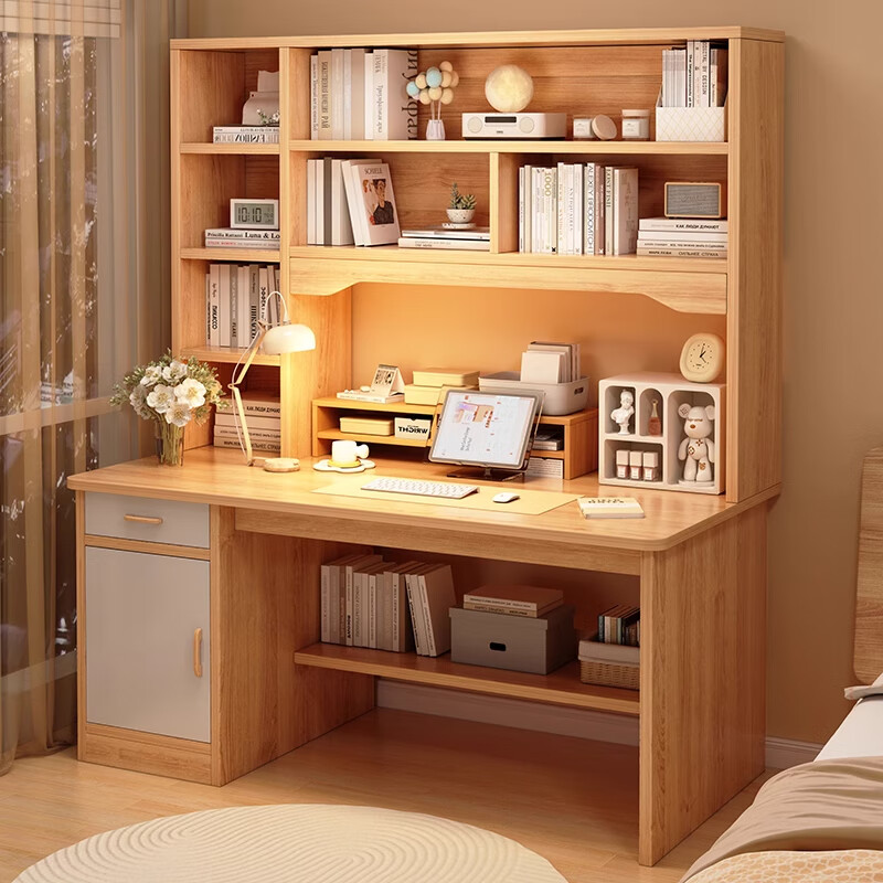 Motai desk bookcase bookshelf integrated table home junior high school student study table writing table and chair adult bedroom computer table recommended five-draw visual door pastoral wood 140*60CM assembly (self-installation)