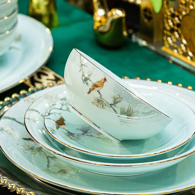 Jingci Jingdezhen Chinese celadon tableware set chopsticks dishes bowls high-end hotel housewarming wedding gift Celadon blue garden full of food for 10 people丨 68 heads