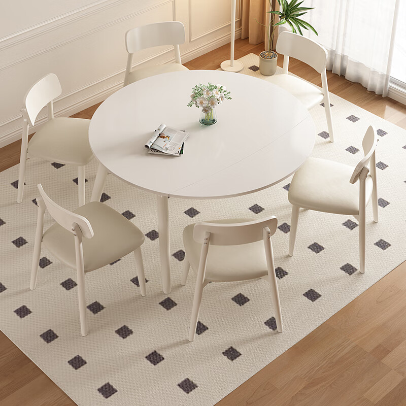Pashaman dining table slate retractable dining table home French cream style foldable square and round dining table 1908Y retractable dining table 1.3 meters + 6 chairs 6195Y matte pure white slate