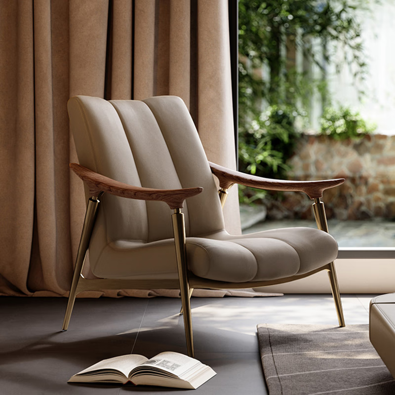 Senerson light luxury designer single sofa chair living room villa Italian North American black walnut high-end leather leisure chair Bronze champagne gold (leisure chair/S-level full leather)