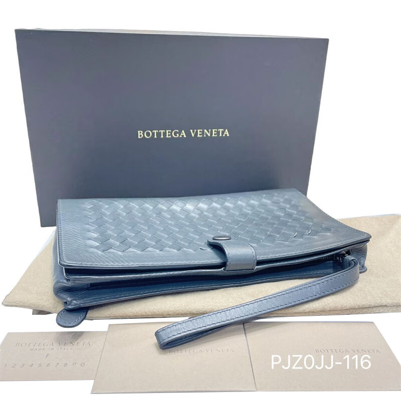 Second hand 95 new bv bv black full leather woven long bifold wallet Diejia card holder clutch bag men and women 98 new bv blue gray full leather woven clutch