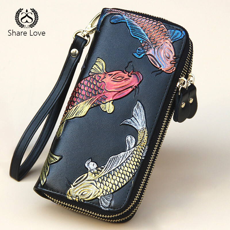 SHARELOVE cowhide lucky women's wallet long double zipper wallet genuine leather large-capacity hand mobile phone bag for the holidays to give to mom Golden Koi