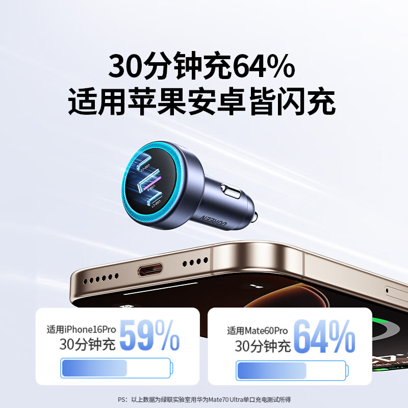 Greenlink car charger cigarette lighter PD30W fast charging head super fast charging one-to-three converter Type-C*2+USB three-port flash charging