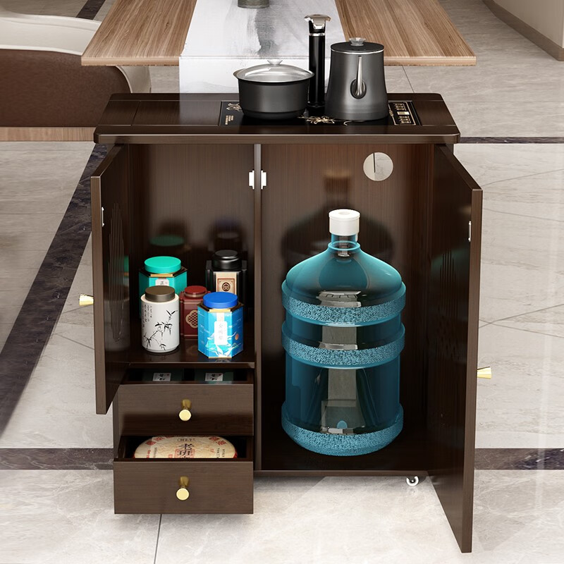 Qifeng movable tea table small tea table kettle integrated household tea cabinet tea cart balcony solid wood tea table tea table 66 double door double drawer small tea cabinet + with cover