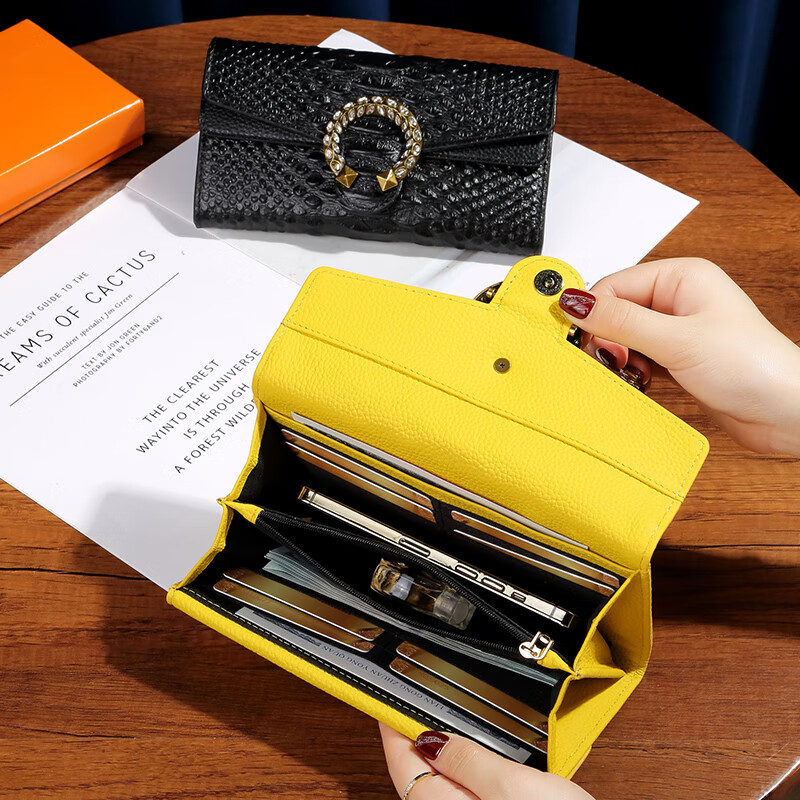 Sephoron Fashionable Crocodile Pattern Long Flip Wallet Feminine 2026 New First Layer Cowhide Diamond Handbag Wallet Black - First Layer Cowhide High-end Gift Box Packaging