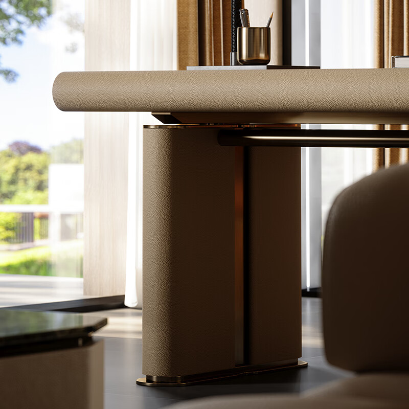 TAZA Italian style full leather desk villa whole house bedroom study custom series modern light luxury liftable desk desk-yellow bronze 1.8m