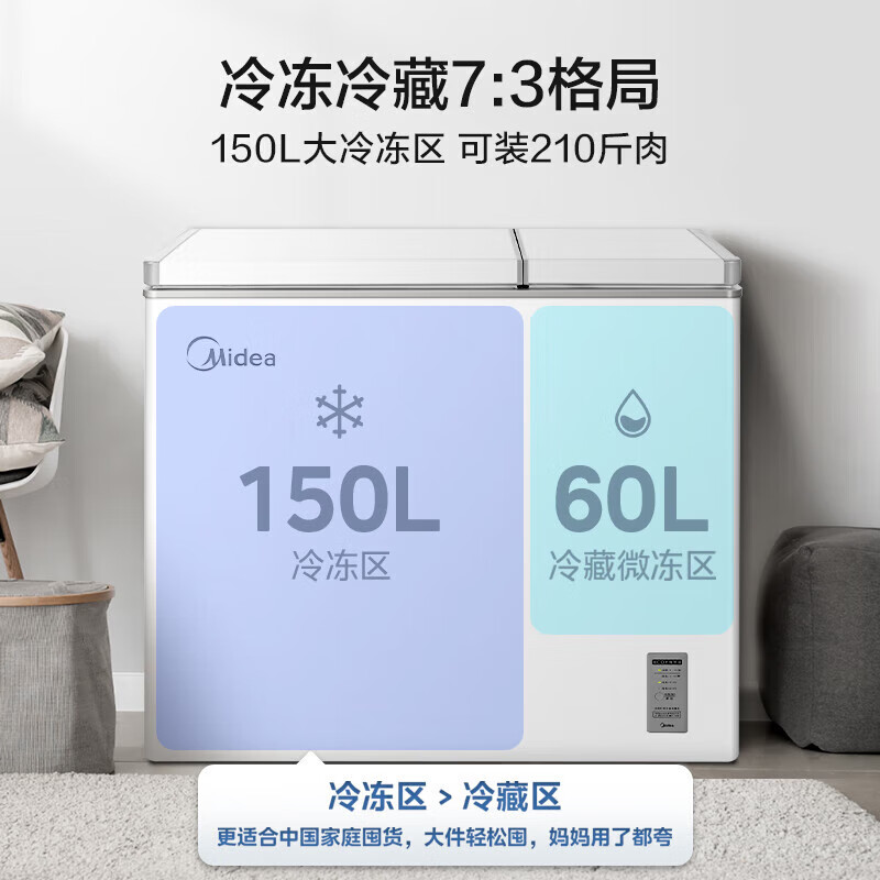 Midea Midea Freezer 210 liters for both home and business use, refrigerated and frozen dual-temperature double-box freezer, first-class energy efficiency electronic temperature control, white, 210 liters, alloy liner BCD-210DKEM(E)
