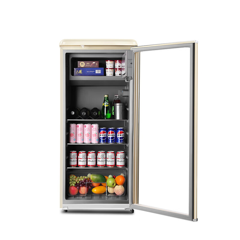CHIGO Ice Bar Refrigerator Home Constant Temperature Wine Cabinet Mini Single Door Office Transparent Glass Preservation Cabinet Tea Beverage Cabinet Small Refrigerator Retro Style 218L Off-White + Refrigerated Preservation + Freezing