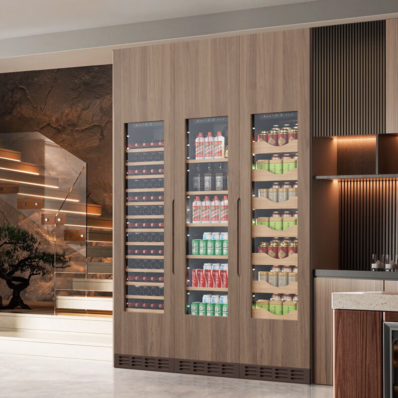 BAIKAILUN seamlessly embedded wine cabinet custom door refrigerator cabinet fully hidden beverage tea cabinet thermostatic cabinet fully embedded ice bar thermostatic wine cabinet light luxury home refrigerator multi-functional display cabinet first-level energy efficiency | dual temperature | ice bar tea style 256L custom cabinet door