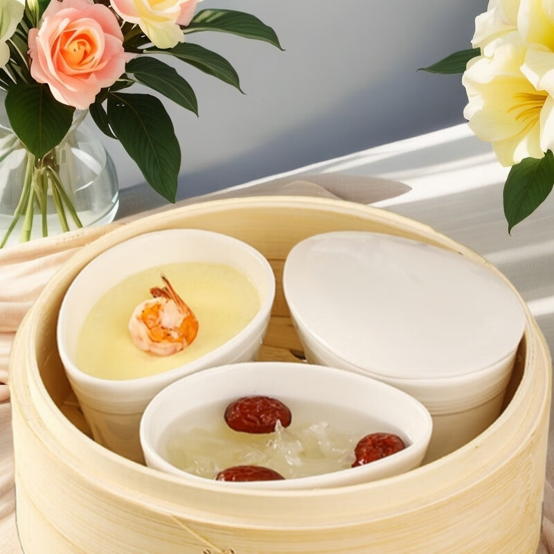 Muziqiu ceramic steaming bowl with lid, baby stew pot, small steaming cup, water-proof steamed egg, steamed rice, stewed egg, steamed egg custard special bowl, egg-shaped high-temperature ceramic bowl * 3 pieces