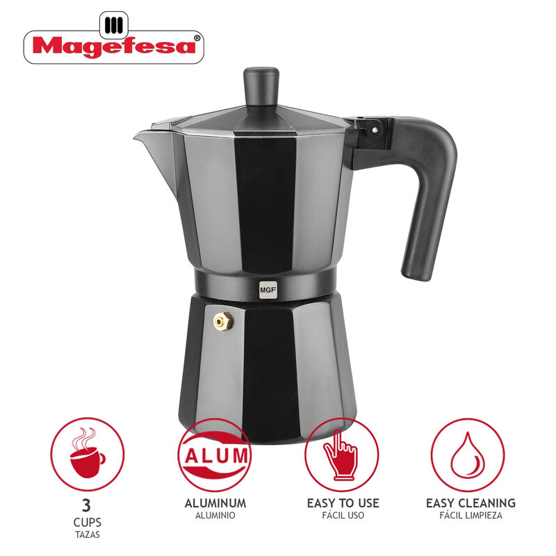 MAGEFESA Moka pot, 3-cup espresso pot, thickened aluminum, anti-scalding handle, universal for gas and electric stoves