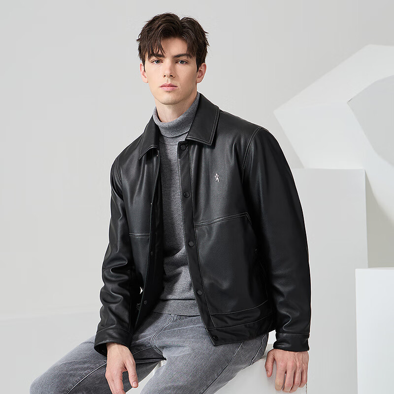 Dances with Wolves Goose Down Leather Jacket Topstitched Warm Down Jacket Workwear Men's Jacket Black 2XL(185)