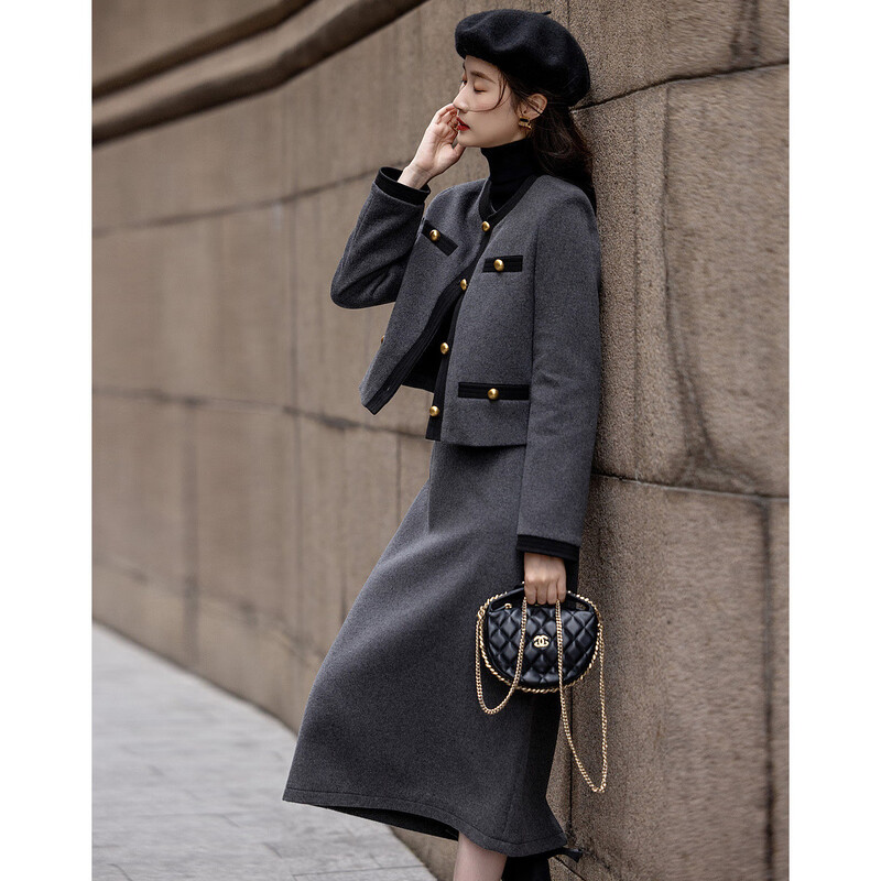 Demana Breathing Sheep Wool Autumn and Winter Madeleine One-Word Bag Contrast Color Suit Small Fragrance Style Two-piece Set for Women