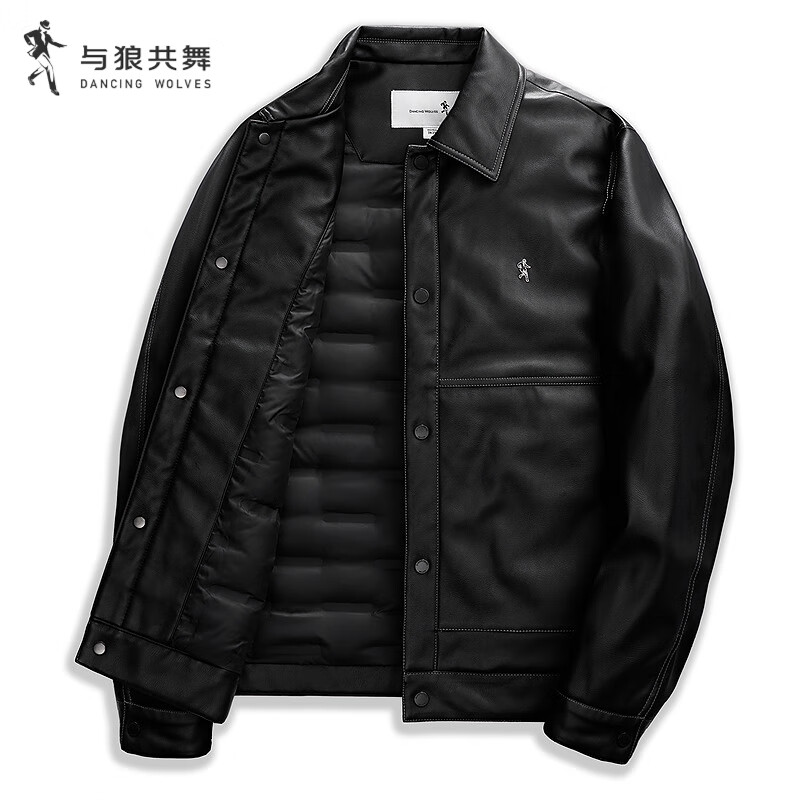 Dances with Wolves Goose Down Leather Jacket Topstitched Warm Down Jacket Workwear Men's Jacket Black 2XL(185)