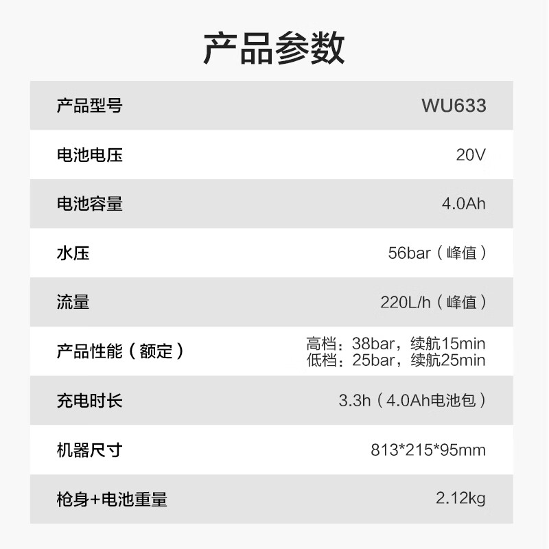 WORX 20V brushless lithium battery cleaning machine WU633 (4.0 single battery) wireless car washing machine high-pressure spray gun water gun household