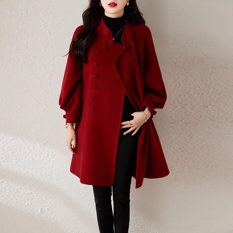 AEMAPE Christmas red double-sided woolen 2025 winter wool Chinese style coat women's Chinese fashion retro woolen coat Christmas red S recommended 85-100 pounds
