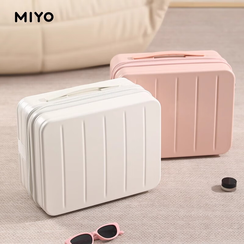 Miyo small mini cosmetic case for women, new model, 14-inch portable storage suitcase, portable toiletry bag, can be set with a pull rod, cherry blossom pink, waterproof + with password lock, 14 inches, can be set with a wide pull rod