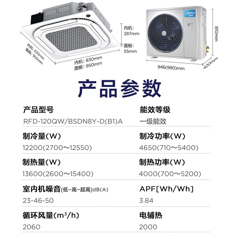Midea ceiling air conditioner 5 hp ceiling air conditioner 5 hp 3 hp embedded windless ceiling unit commercial central air conditioner patio unit cooling and heating new energy efficiency office store use 5 hp first-class energy efficiency variable frequency heating and cooling 380V