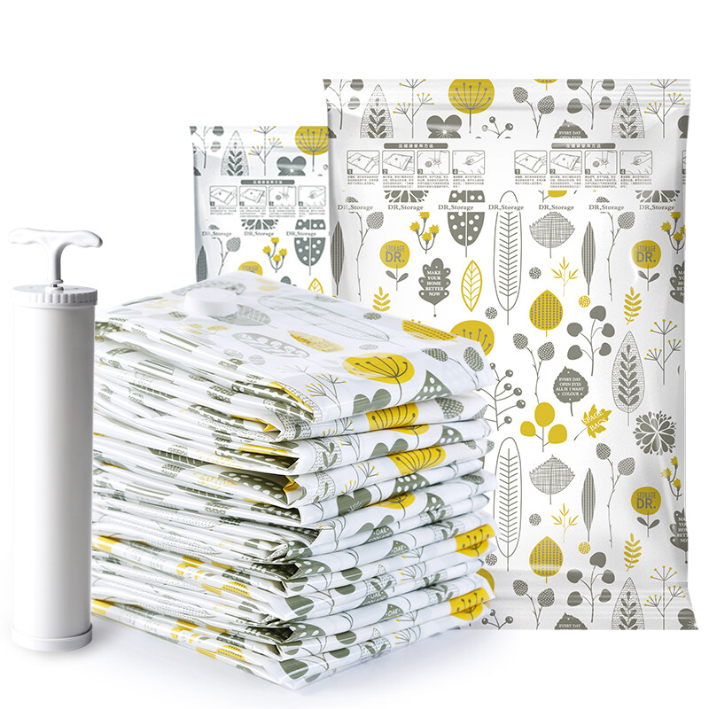 Dr. Storage Vacuum Compression Bag, Quilt Clothes Storage, Travel Organizer Bag, Fashionable Banana Leaf Style 4 Big 6 Contains Hand Pump