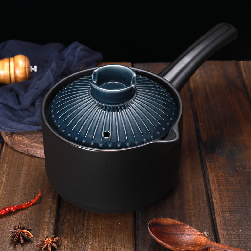 Pottery King single-handled casserole dry-fired non-cracking soup stew pot porridge small size 1-2 people long-handled ceramic milk pot with handle blue stripe single-handled milk pot 1.5L