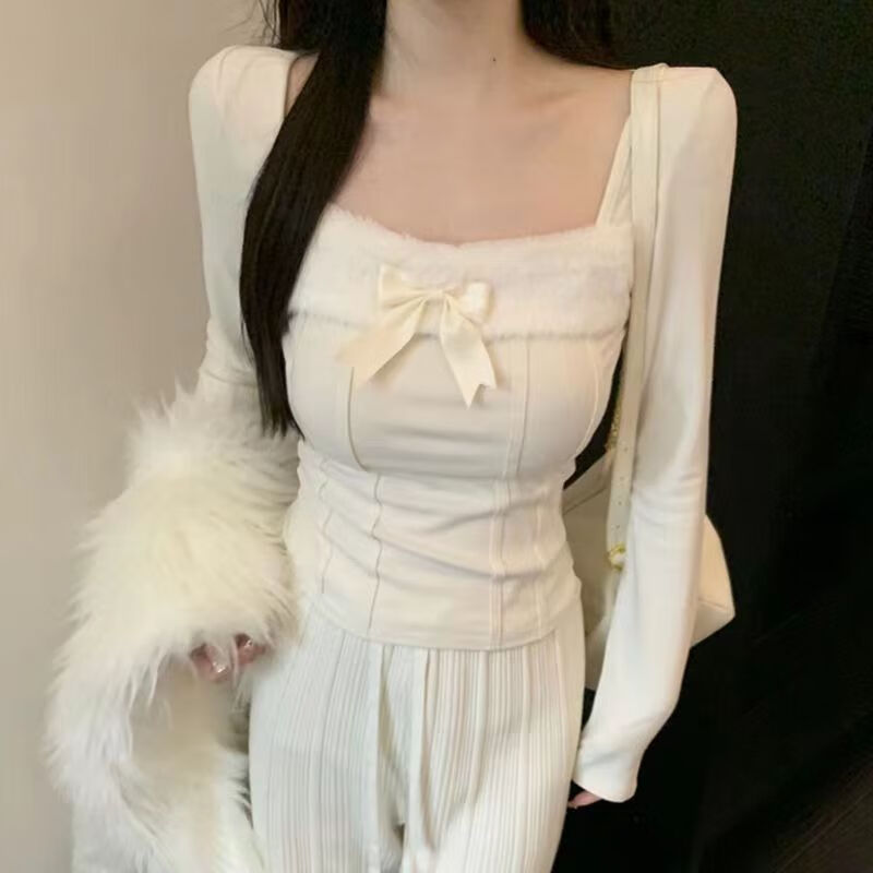 Yixin winter bottoming shirt for women, 2026 new long-sleeved style, slim fit, can be worn as a versatile piece, plush square collar, bow long sleeves, apricot color L, recommended weight is about 100-115 catties