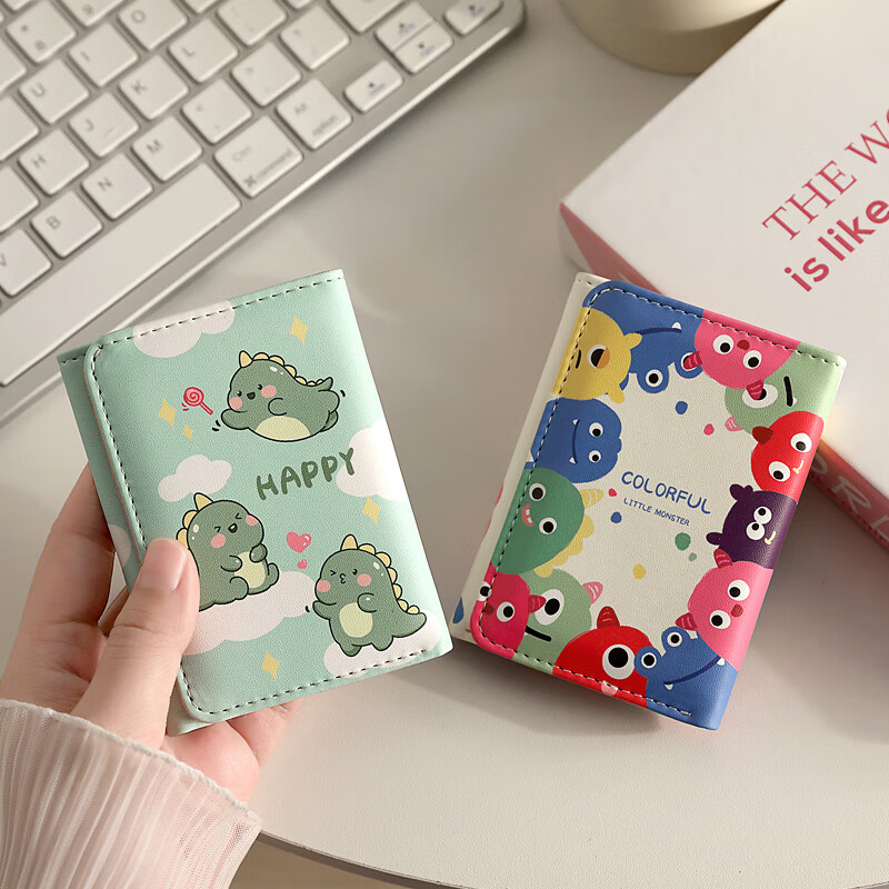 Mombos wallet for women, cute cartoon, fashionable folding card bag for men, ultra-thin multi-card slot storage, portable large-capacity student wallet, green little monster, enlargeable banknote/ID card, anti-degaussing model