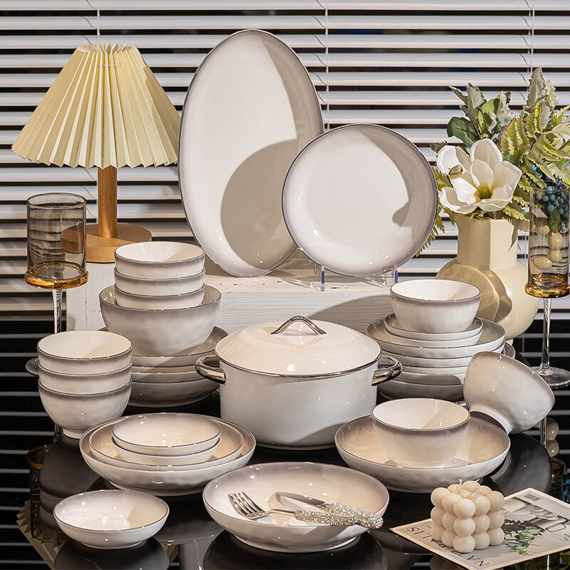 Shumang bowls, plates, and tableware for household Nordic ceramic tableware complete set of silver-painted dishes, tableware, moving gift, housewarming gift, 12-person meal with soup pot, gift box, 60-piece set
