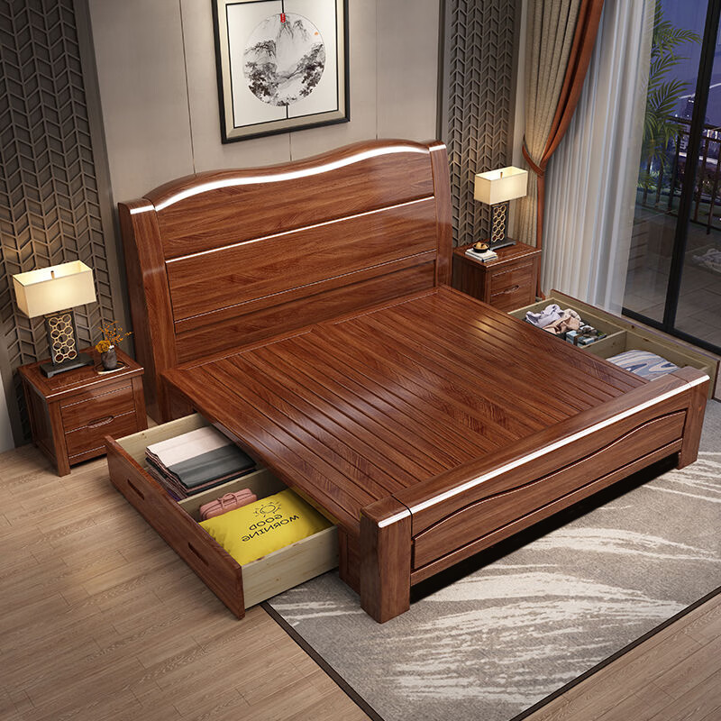 Walnut Chinese solid wood bed modern simple 1.8m double bed 1.5m master bedroom storage high box wedding bed economical solid wood bed 1.5m*2.0m frame structure