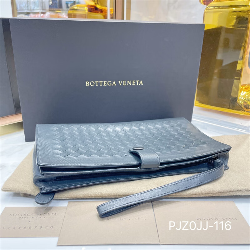 Second hand 95 new bv bv black full leather woven long bifold wallet Diejia card holder clutch bag men and women 98 new bv blue gray full leather woven clutch