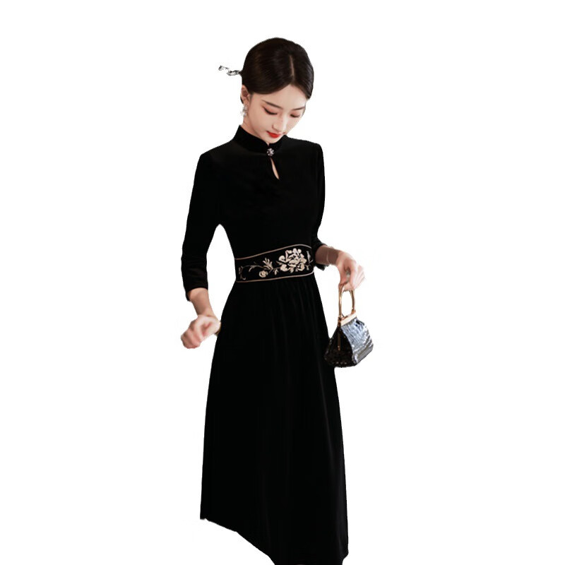 Du Yanzhi fashion improved new Chinese style long mid-sleeve cheongsam with large swing skirt autumn and winter new modern cheongsam skirt black L 100-110 catties