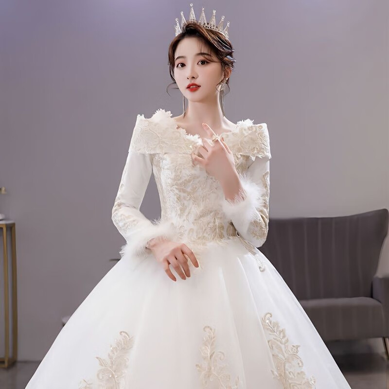 Chisaka one-shoulder wedding dress, new winter long-sleeved, thickened, warm, high-end, trailing, pregnant bride, petite wedding dress, trailing style S