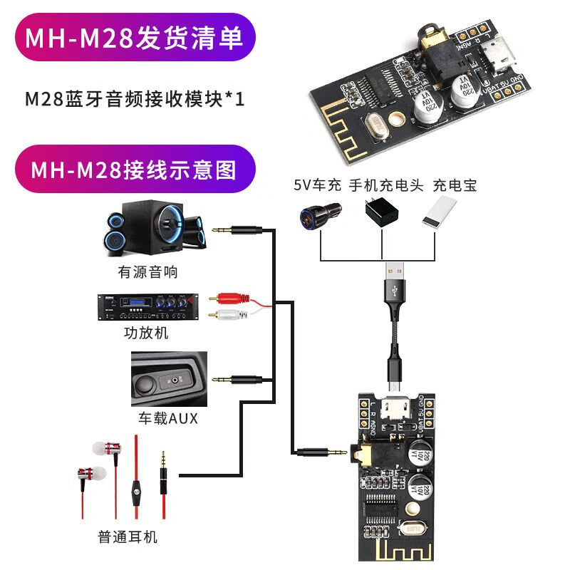 DIY Bluetooth audio receiver module 5.0 wireless lossless car speaker audio headset Bluetooth power amplifier module M28 Bluetooth board USB cable 3.5 audio cable 1 meter