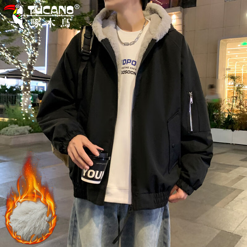 Woodpecker (TUCANO) jacket men's winter velvet thickened warm hooded jacket loose casual cotton clothes men's black L